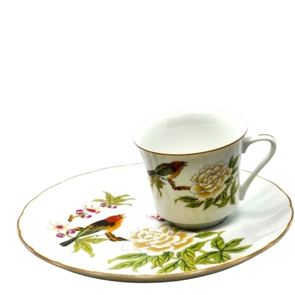 Vintage Shafford Chinese Garden Bird Floral Cup & Saucer Set Gold Trim